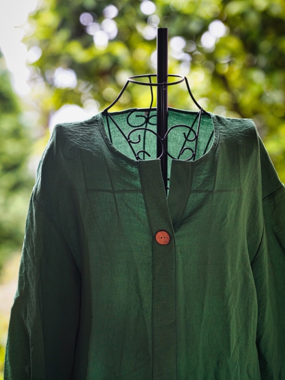 Forest Green Linen-Blend Tunic Top - Wooden Button Detail - Picture 2 of 6